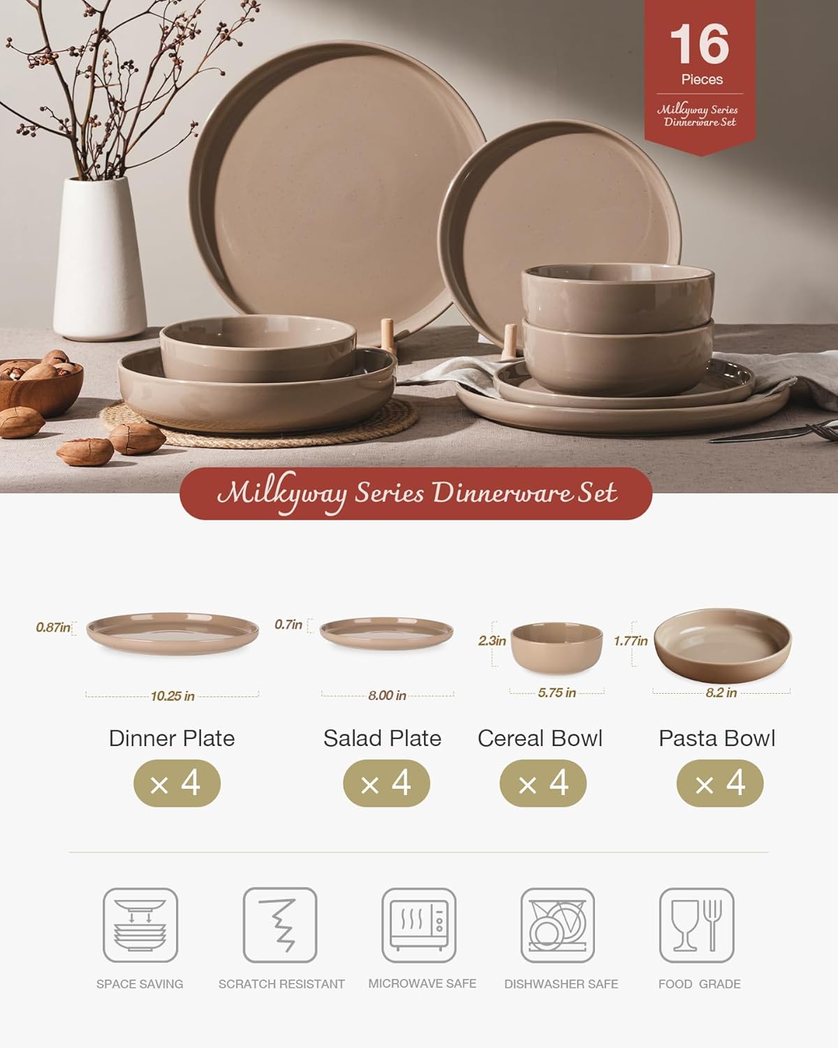 Famiware Milkyway Stoneware Dinnerware Sets with Pasta Bowls, Service for 4 (16 Pieces), Plates and