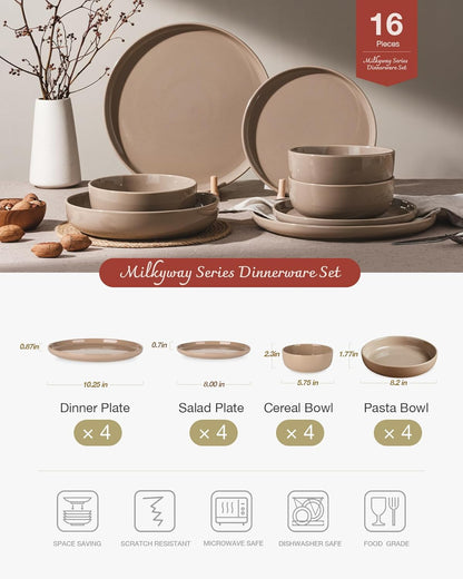 Famiware Milkyway Stoneware Dinnerware Sets with Pasta Bowls, Service for 4 (16 Pieces), Plates and