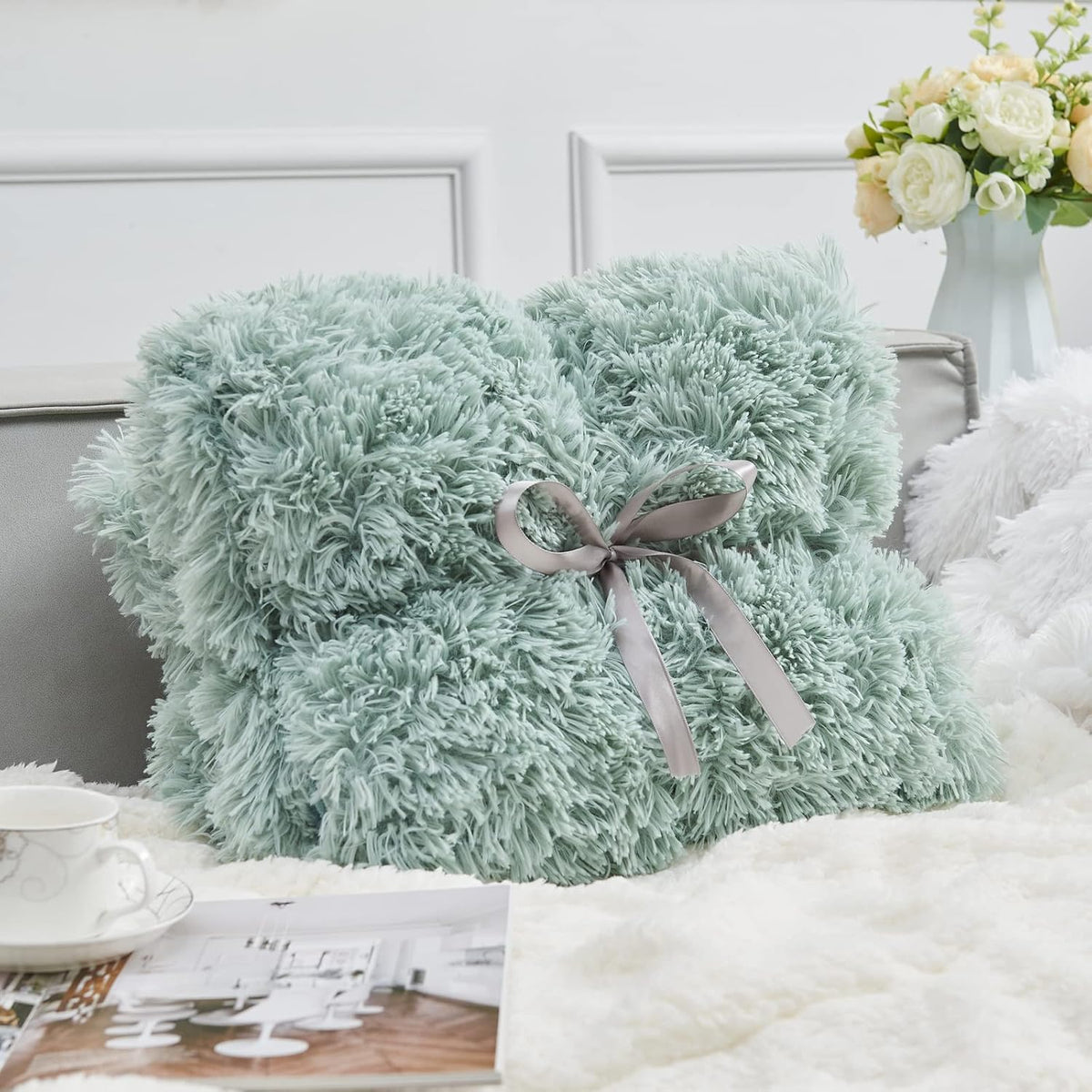 GONAAP Fuzzy Faux Fur Throw Blanket Twin Size Ice Blue Super Soft Cozy Plush Fuzzy Shaggy Blanket