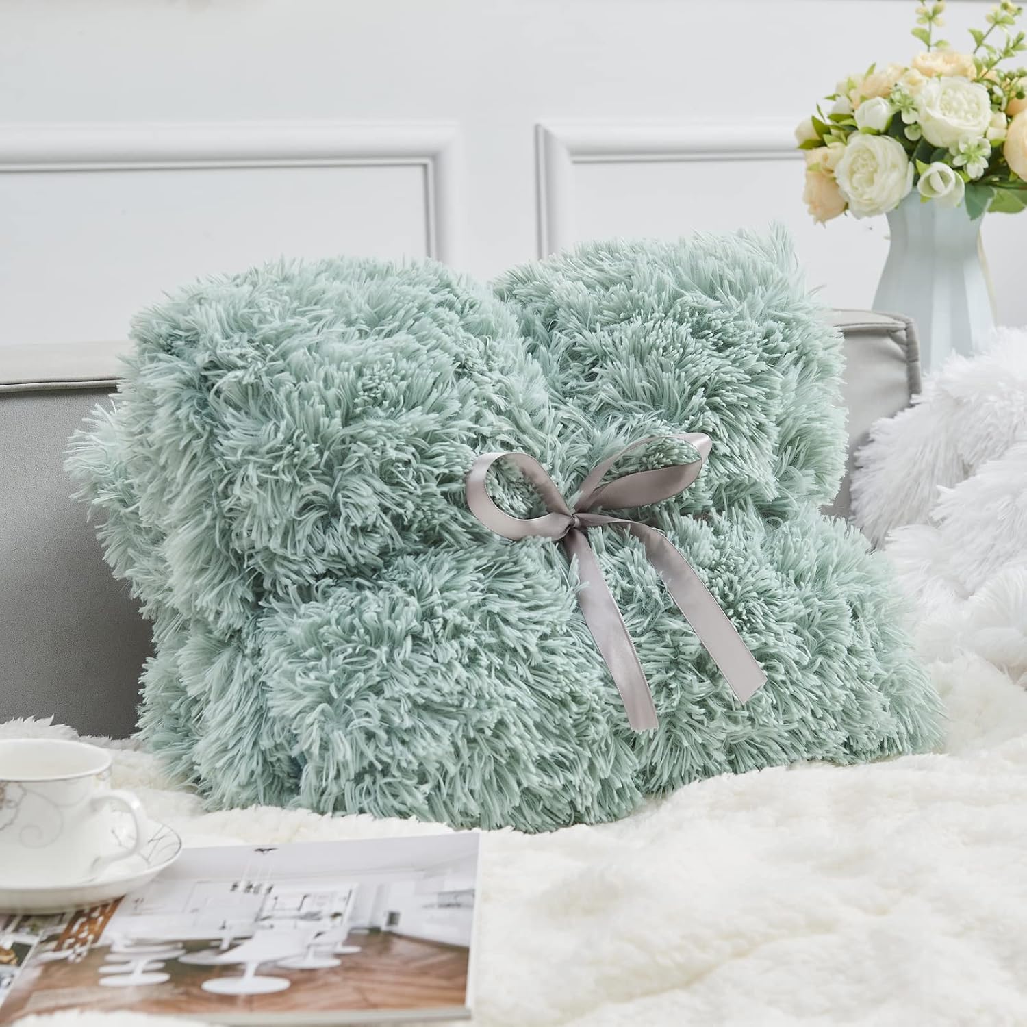 GONAAP Fuzzy Faux Fur Throw Blanket Twin Size Ice Blue Super Soft Cozy Plush Fuzzy Shaggy Blanket