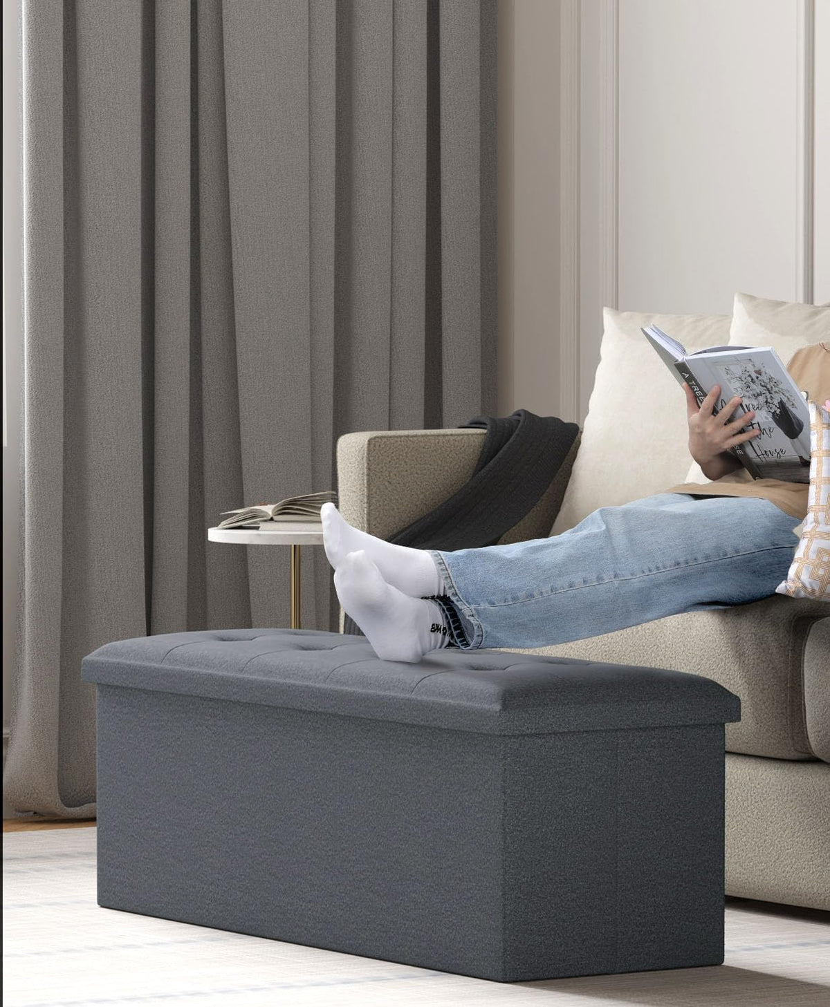 Storage Ottoman Bench, Folding Ottoman Foot Rest, 15 x 43 x 15 Inches, End of Bed Bench, Storage