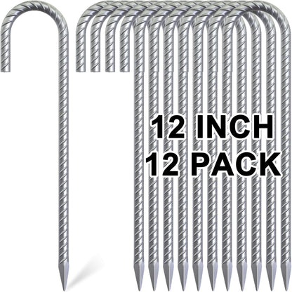 Rebar Stakes 12 Inch, 12 Pack Galvanized Tent Stakes Heavy Duty Ground Stakes, J Hook Metal Fence