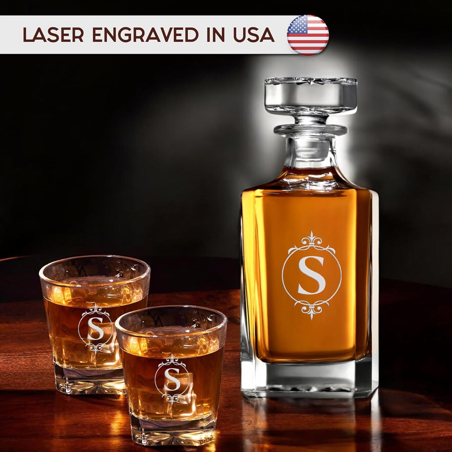 Personalized Rectangle Whiskey Decanter Set for Men 700ml Luxury Gift for Dad, Him, Boyfriend