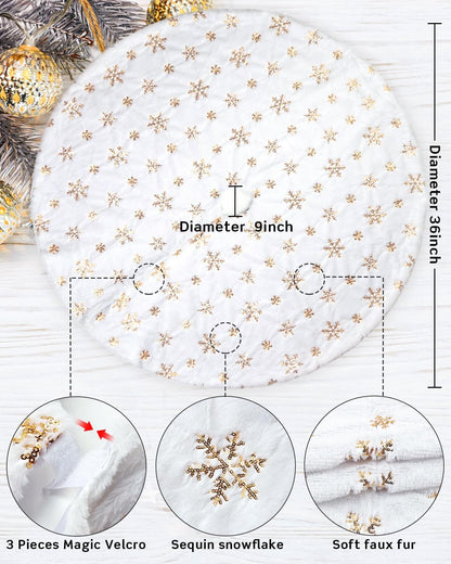 COOLWUFAN 36 Inches Christmas Tree Skirt for Xmas Tree Holiday Party Decoration White Plush Gold