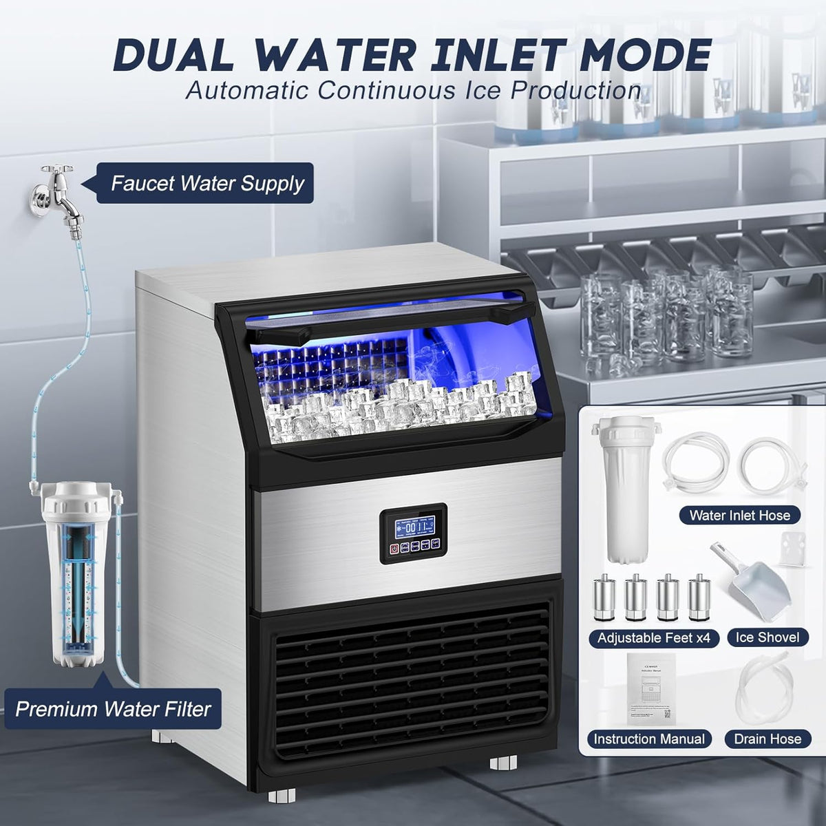 Commercial Ice Maker Machine 300LBS/24H with 75LBS Storage Bin, Stainless Steel