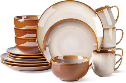LERATIO Ceramic Dinnerware Sets for 4,16-Piece Reactive Glaze Plates and Bowls Set with Mugs,Highly
