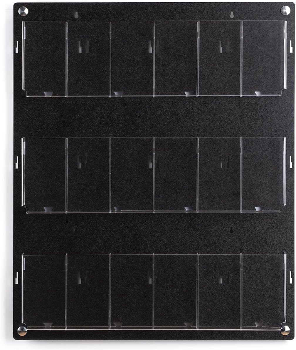 Displays2go Wall Mount Acrylic Brochure Holder, 9-18 Adjustable Pockets, Tiered Design - Black