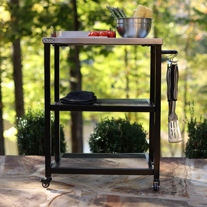 NUUK Three-Shelf Rolling Outdoor Dining Cart Table, 16" x 24" Stainless Steel Commercial