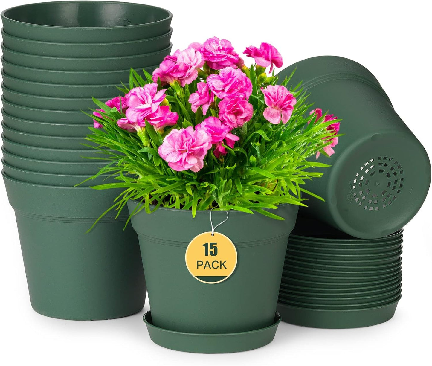 homenote Plant Pots,15 Pack 6 inch Flower Pots with Multiple Drainage Holes and Saucers,Plastic