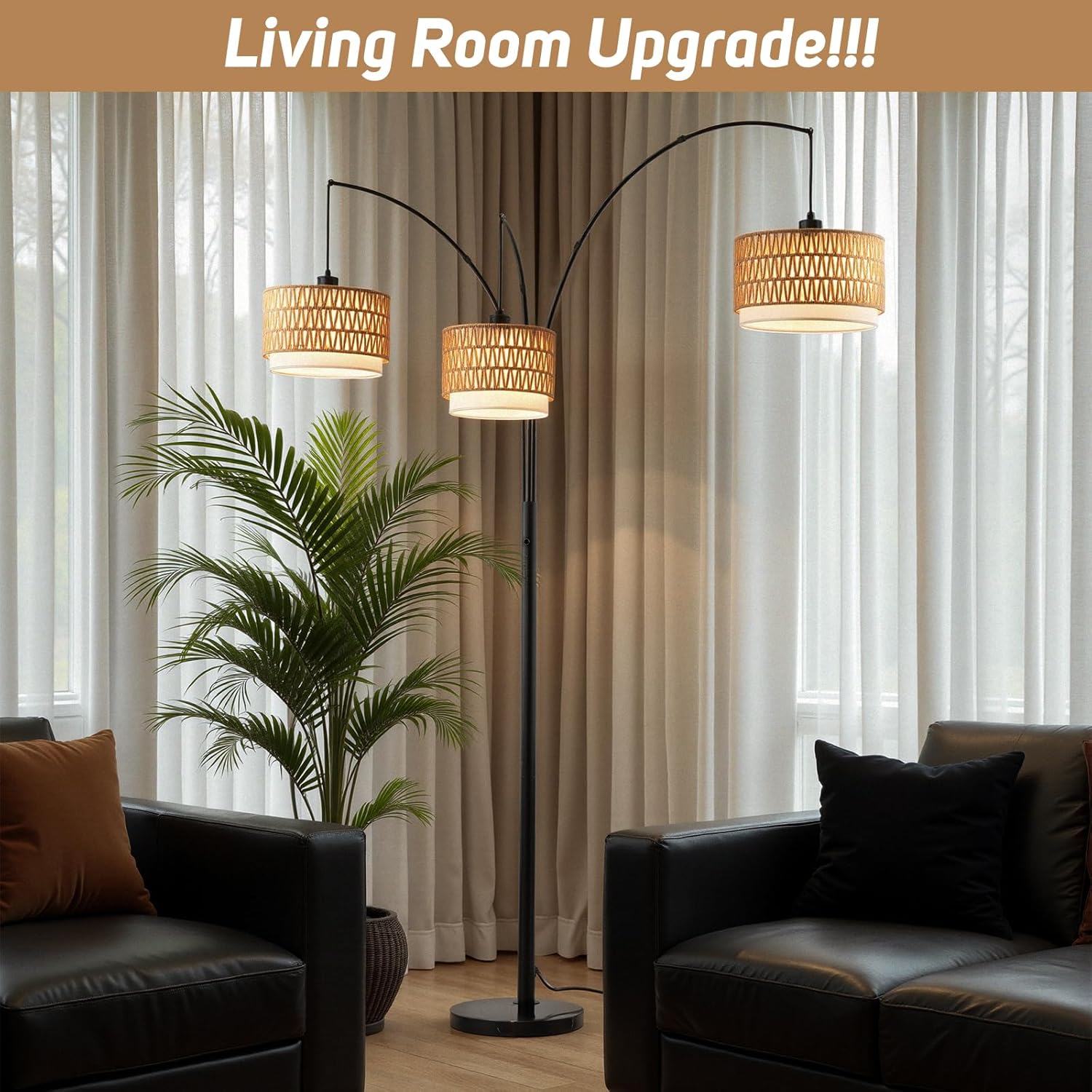 Rattan Floor Lamp for Living Room, 80 Inch Tall Boho Floor Lamp with Rotary Switch, 3 Lights Arc