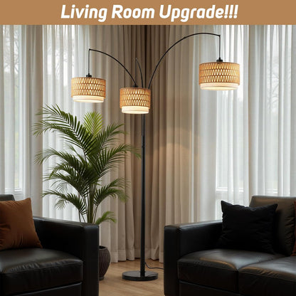 Rattan Floor Lamp for Living Room, 80 Inch Tall Boho Floor Lamp with Rotary Switch, 3 Lights Arc