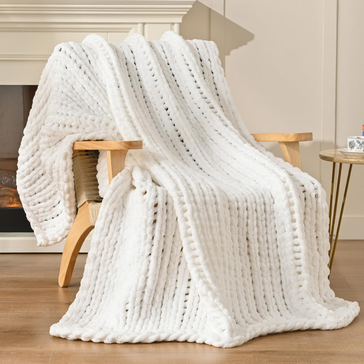 Esterra 100% Hand Knitted Chenille Throw Blanket, 50"x60", White, Polyester, Chunky Knit, Throw