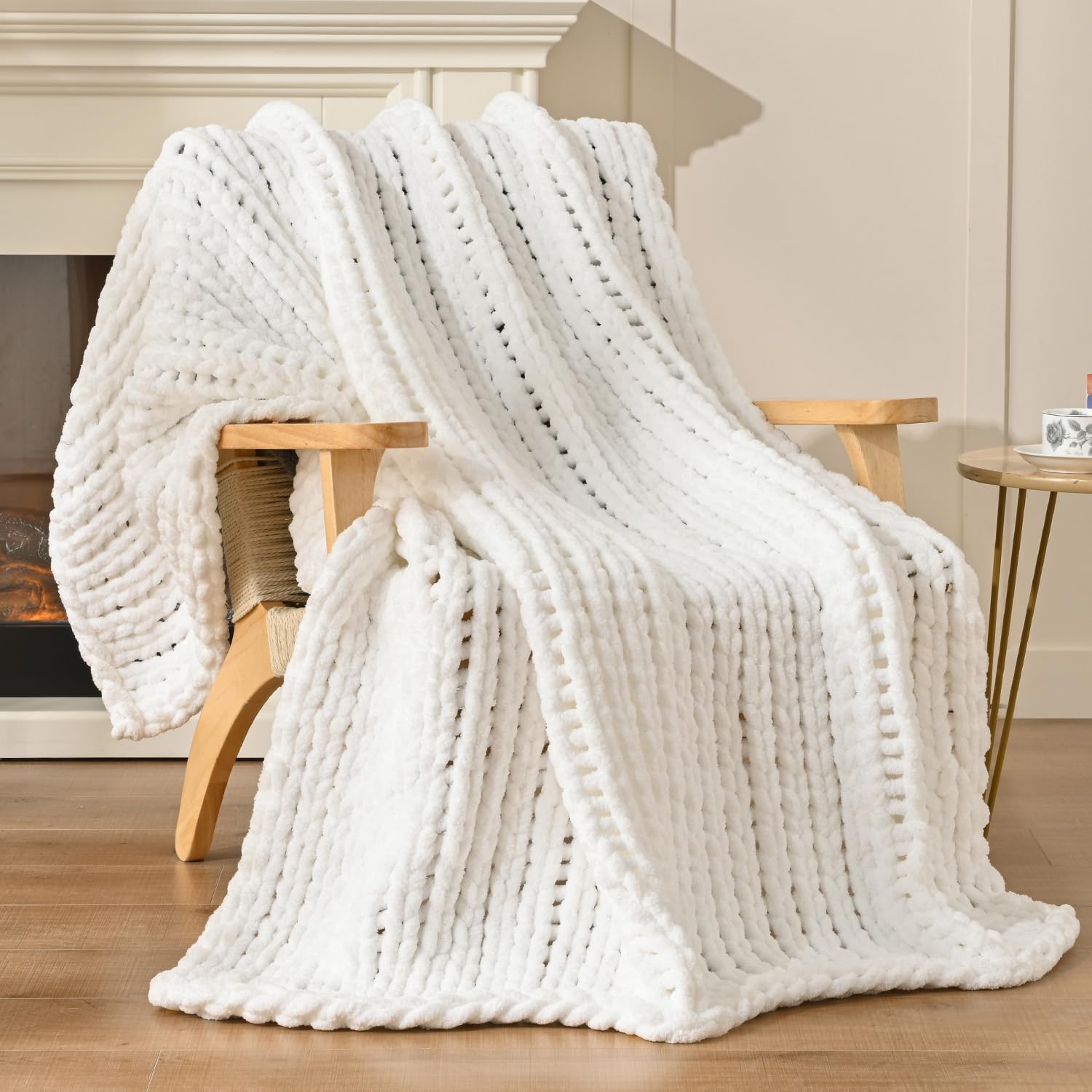 Esterra 100% Hand Knitted Chenille Throw Blanket, 50"x60", White, Polyester, Chunky Knit, Throw
