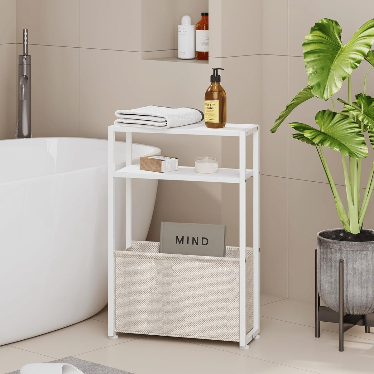 Narrow Side Table, Slim End Tables with Fabric Basket, Skinny Table for Small Spaces, Thin Bedside