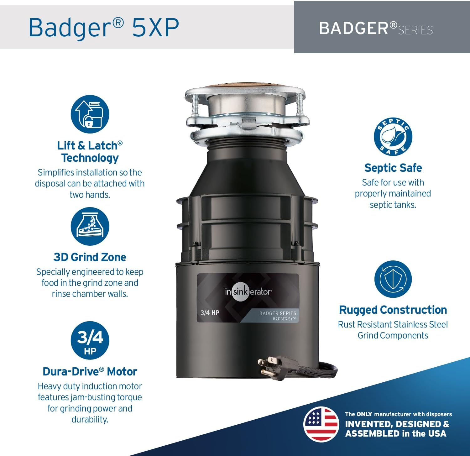 InSinkErator Badger 5XP Garbage Disposal with Power Cord, Standard Series 3/4 HP Continuous Feed