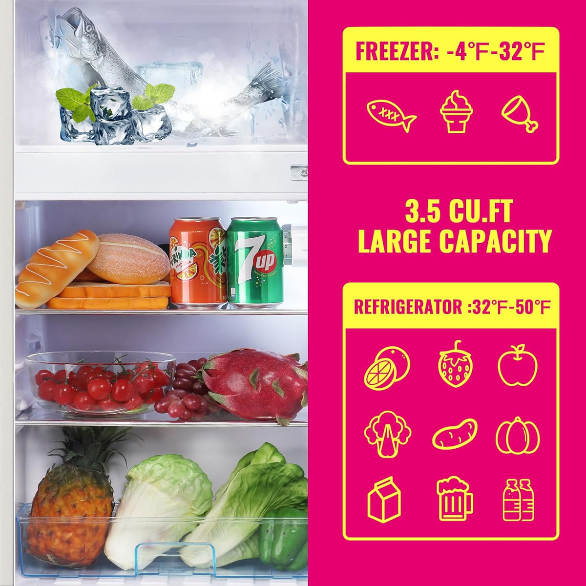 Mini Fridge Dual Door Refrigerator with Freezer, 3.5 Cu.Ft Compact Refrigerator with Handle