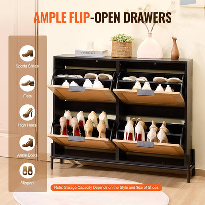 VEVOR Rattan Shoe Cabinet, Narrow Shoe Storage Organizer with 4 Flip Drawers, Slim Shoe Entryway
