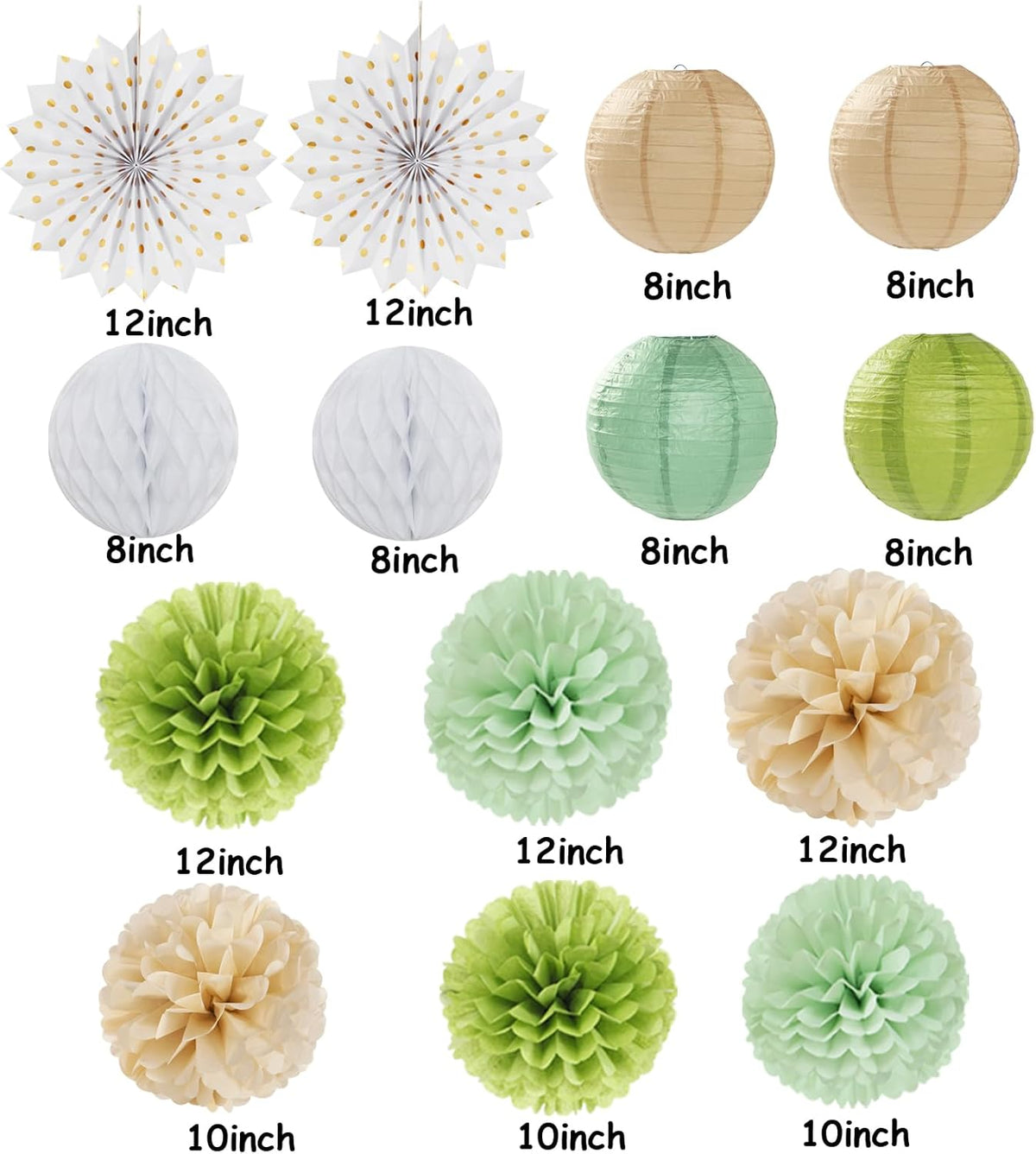 Olive-Sage Green-Boho Party-Decorations Streamers-Lanterns - 14pcs Baby Bridal Shower Wedding Paper