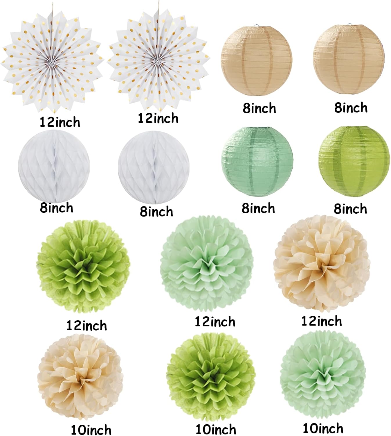 Olive-Sage Green-Boho Party-Decorations Streamers-Lanterns - 14pcs Baby Bridal Shower Wedding Paper
