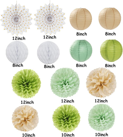 Olive-Sage Green-Boho Party-Decorations Streamers-Lanterns - 14pcs Baby Bridal Shower Wedding Paper