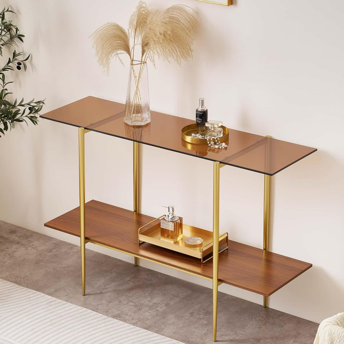 Extra Large Glass Console Table for Living Room, Foyer & Entrance, L47 x W16 x H31, Mid-Century