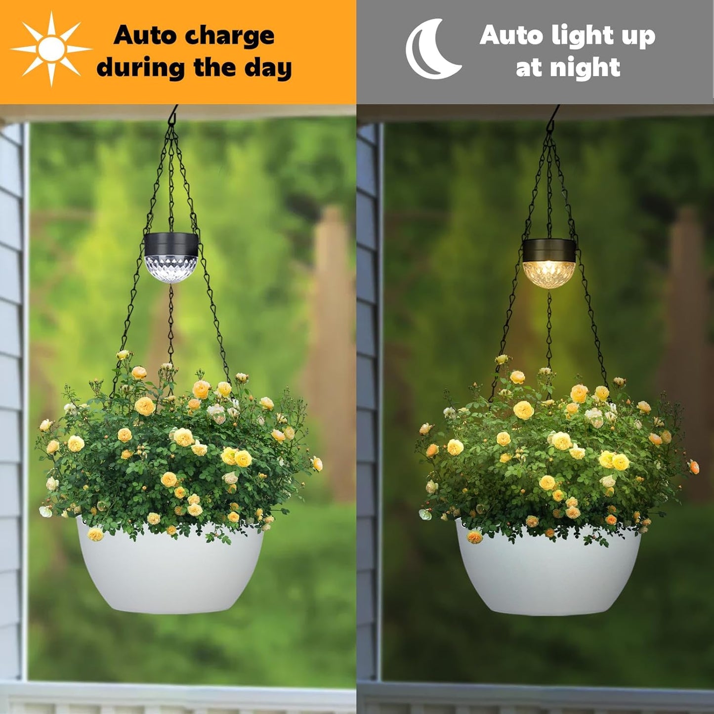 2 Packs Hanging Planters Basket for Outdoor Plants, Solar Powered Self Watering White Round Plastic