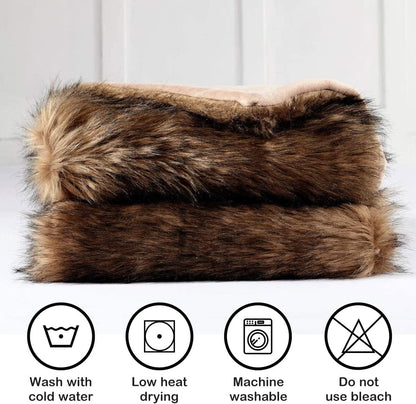 Luxury Plush Faux Fur Blanket Queen Size, Long Pile Brown with Black Tips, Oversized Super Warm