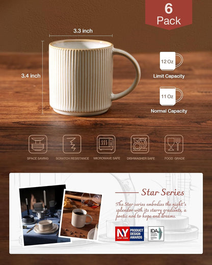 famiware Coffee Mug Set for 6, Star 12 oz Catering Mugs Cup Set with Handle for Coffee, Tea, Cocoa
