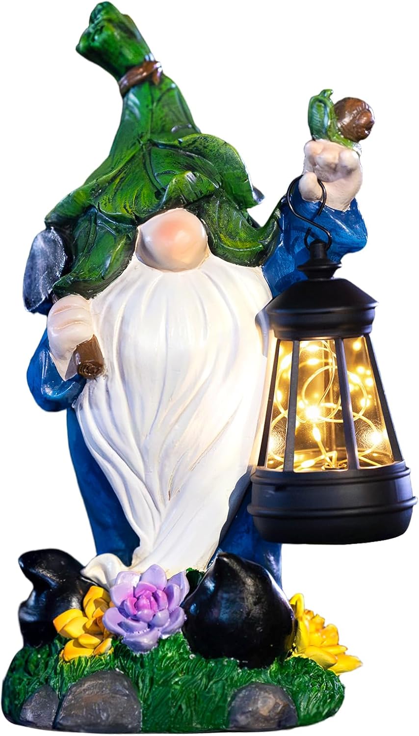 Solar Gnome Garden Figurine Yard Lights with Solar Lights Lantern & Shovel - Outdoor Yard Art Lawn