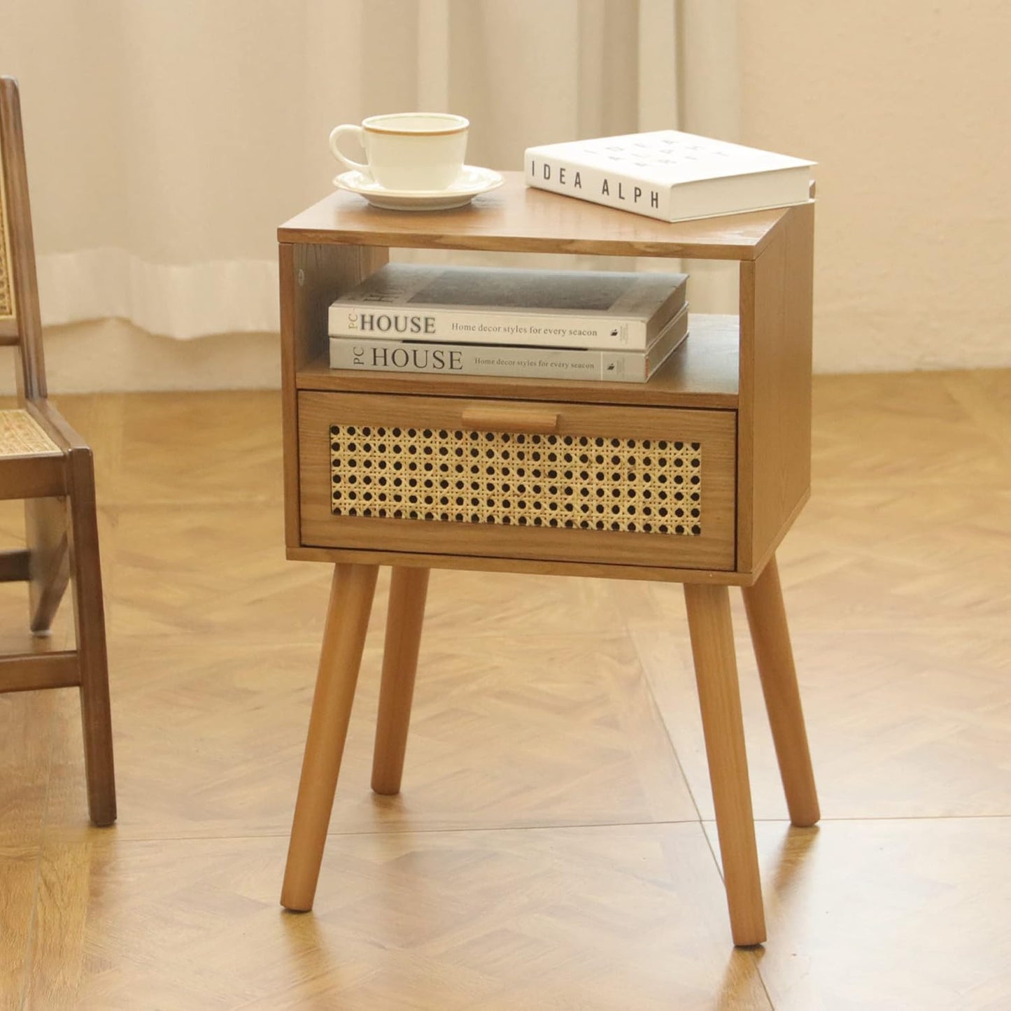 MaxSmeo Mid Century Modern Nightstand with Drawer, Small Nightstand Bedside Table, Rattan