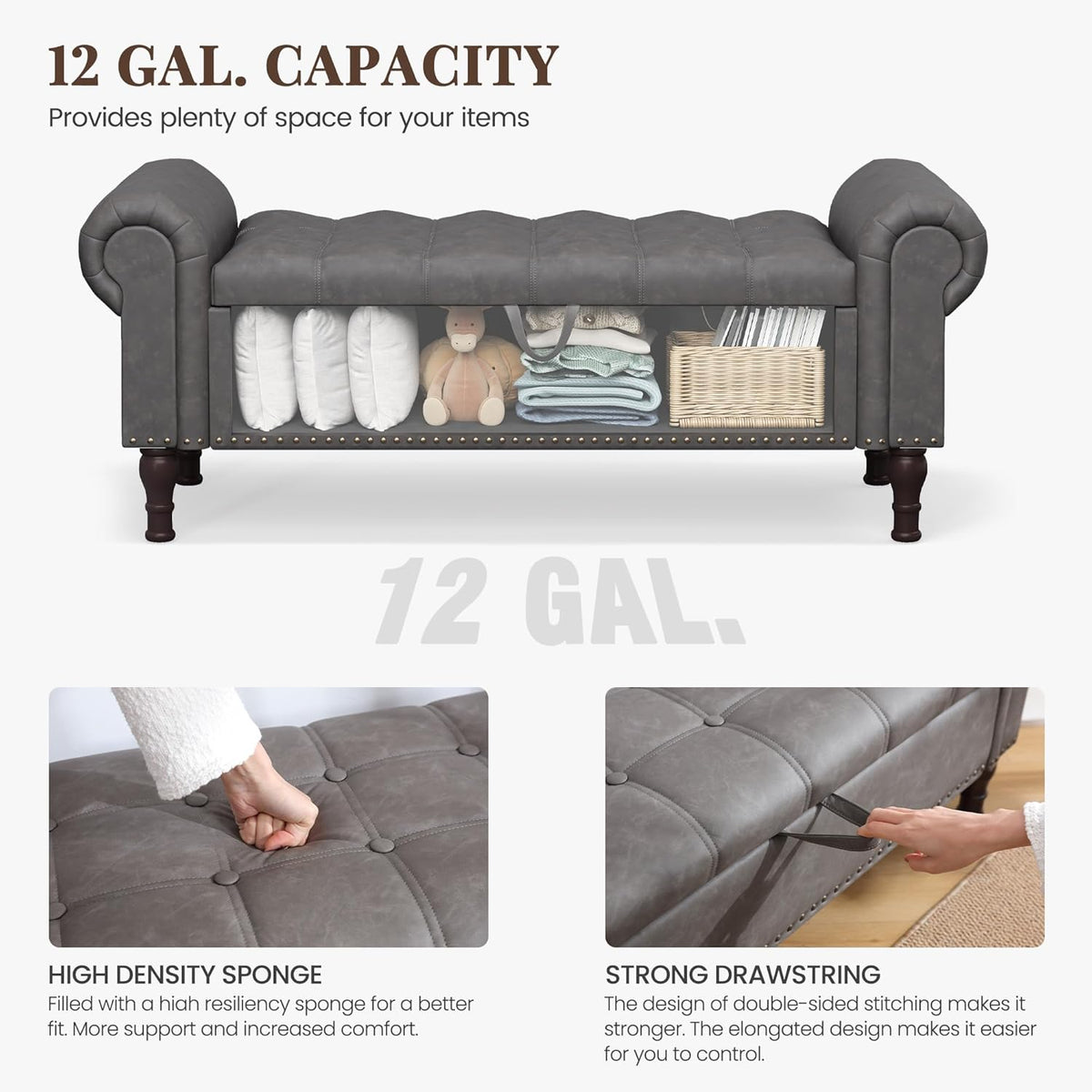 Storage Bench for Bedroom, 51" Full Queen Storage Bench, Upholstered Bedroom Bench with Rolled Arms