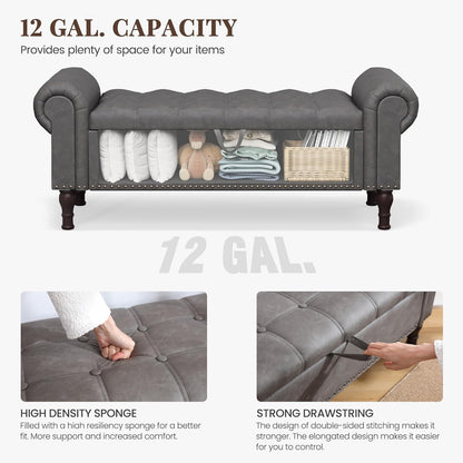 Storage Bench for Bedroom, 51" Full Queen Storage Bench, Upholstered Bedroom Bench with Rolled Arms