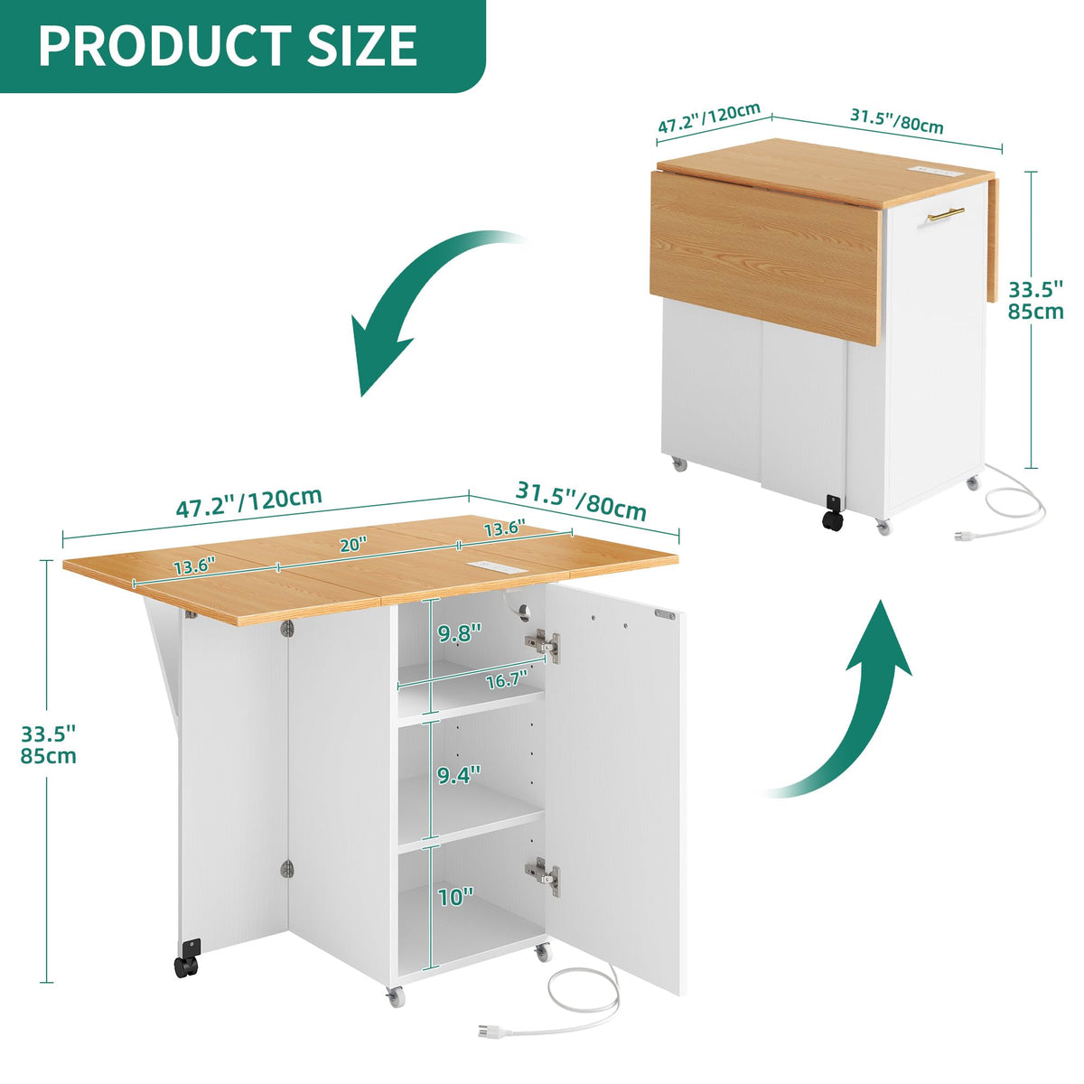 YITAHOME Folding Kitchen Table with Power Outlet, Drop Leaf Kitchen Table Islands for 2 on Wheels