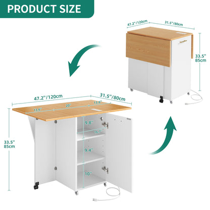 YITAHOME Folding Kitchen Table with Power Outlet, Drop Leaf Kitchen Table Islands for 2 on Wheels