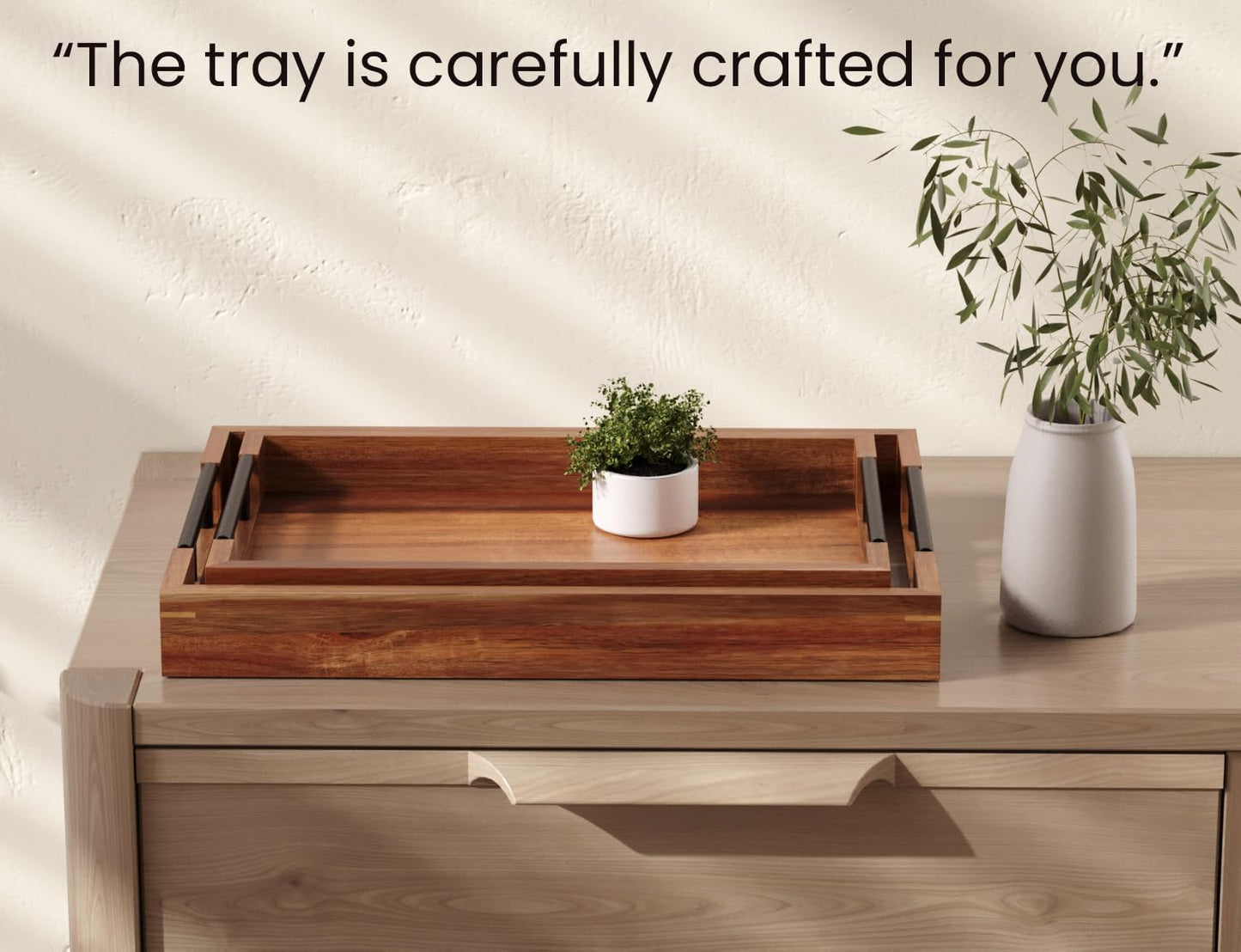 Acacia Wood Set of 2 Serving Tray with Metal Handles,Ottoman Decorative Trays Platter for Coffee