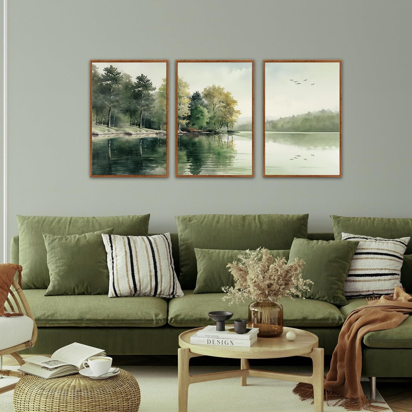 KAIRNE Framed Nature Canvas Wall Art Set,Misty Forest Wall Decor,Green Mountain Forest