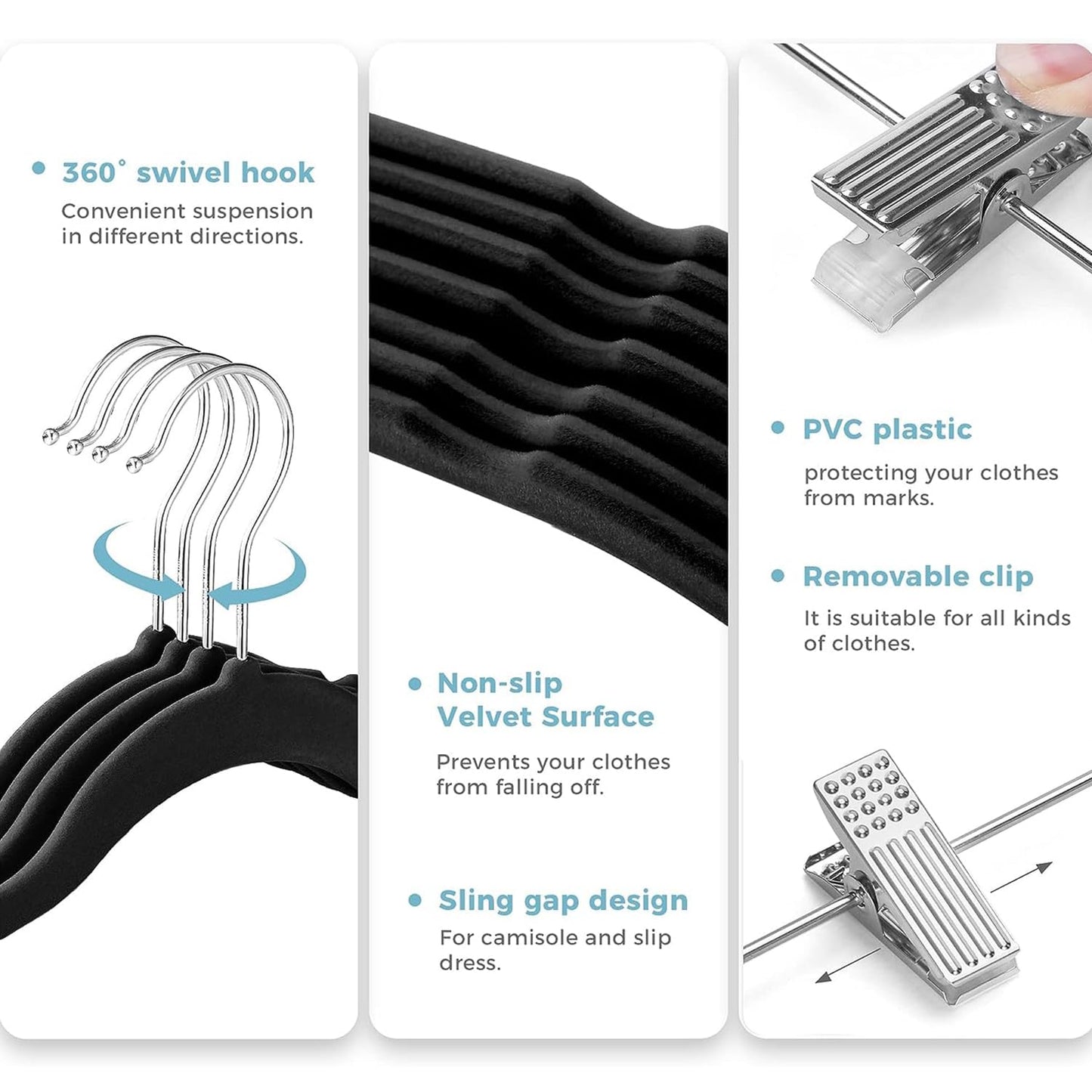 VECELO 20 Pack Black Velvet Clothes Hangers with Adjustable Clips,Heavy-Duty Non Slip &