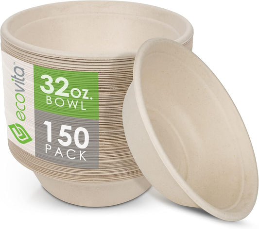 100% Compostable Paper Bowls [32 oz.] – 150 Disposable Bowls Eco Friendly Sturdy Tree Free Liquid