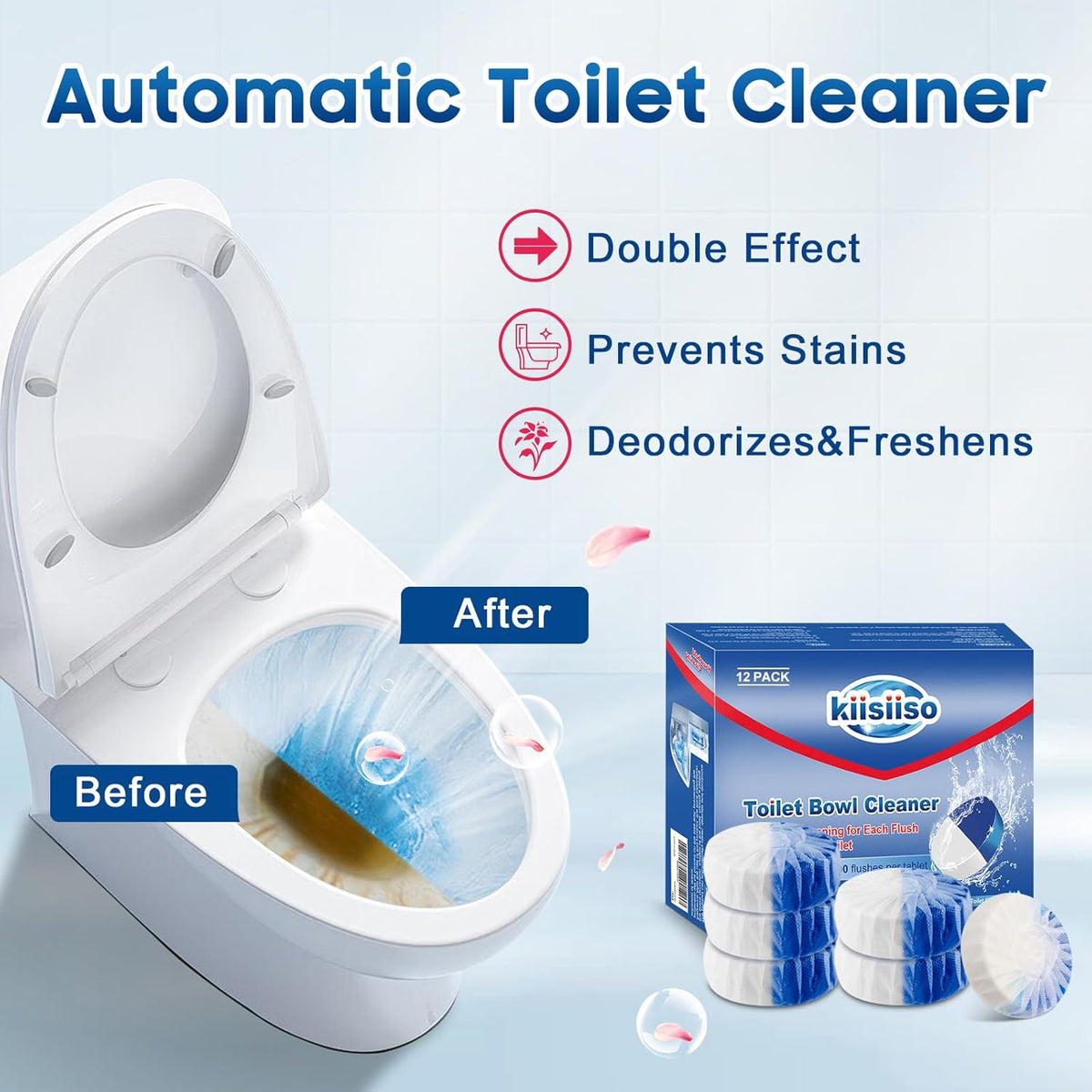 KIISIISO Toilet Bowl Cleaner Tablets, 12 PACK Commercial Household Bathroom Cleaners, Automatic