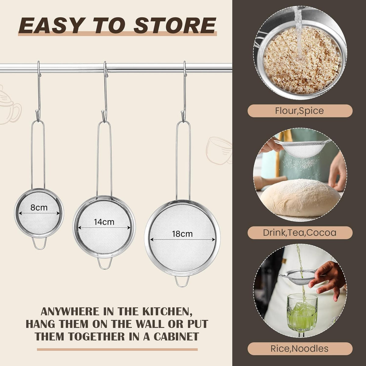 Norme 5 Quart Stainless Steel Silver Colander and 3 Pcs Silver Fine Mesh Strainer, Stainless Steel