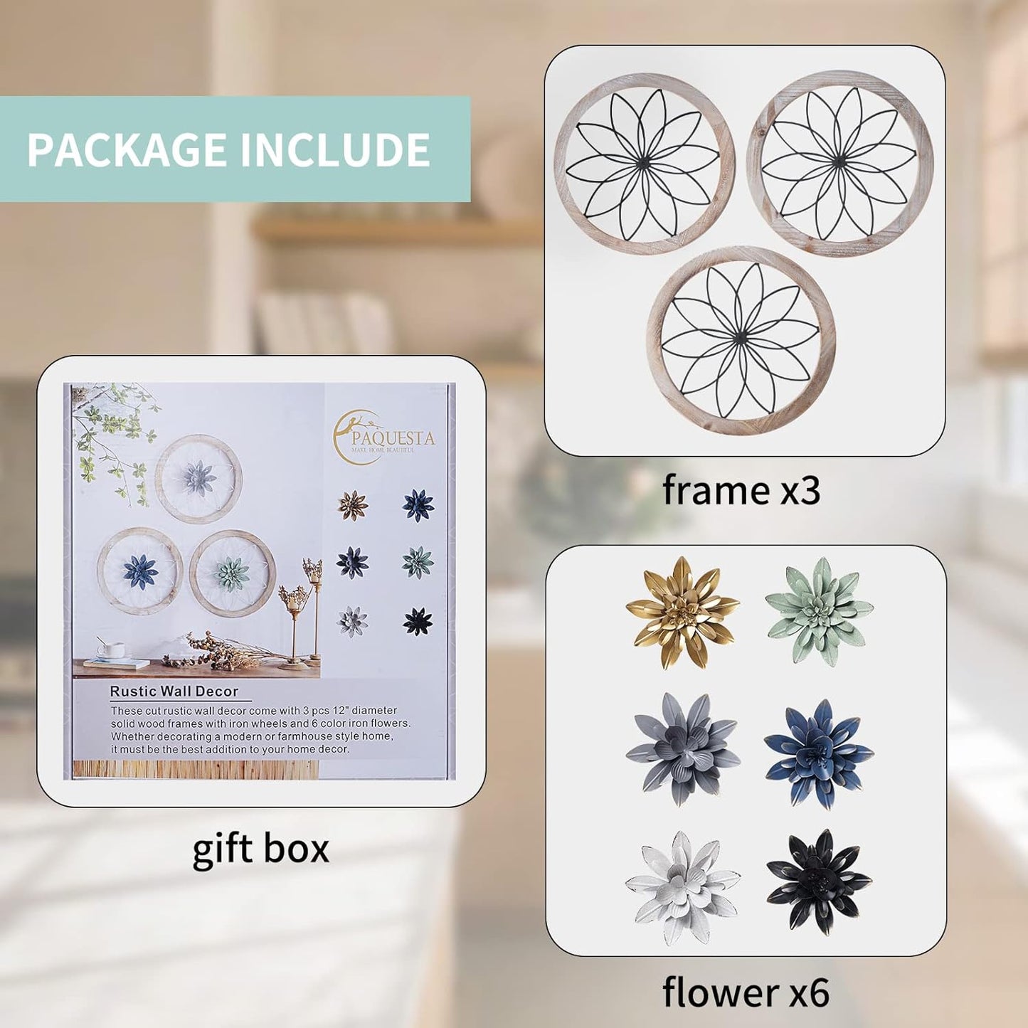 Paquesta 3 Piece Round Farmhouse Wall Decor with 6 Piece Interchangeable Flowers 12'' Medallion