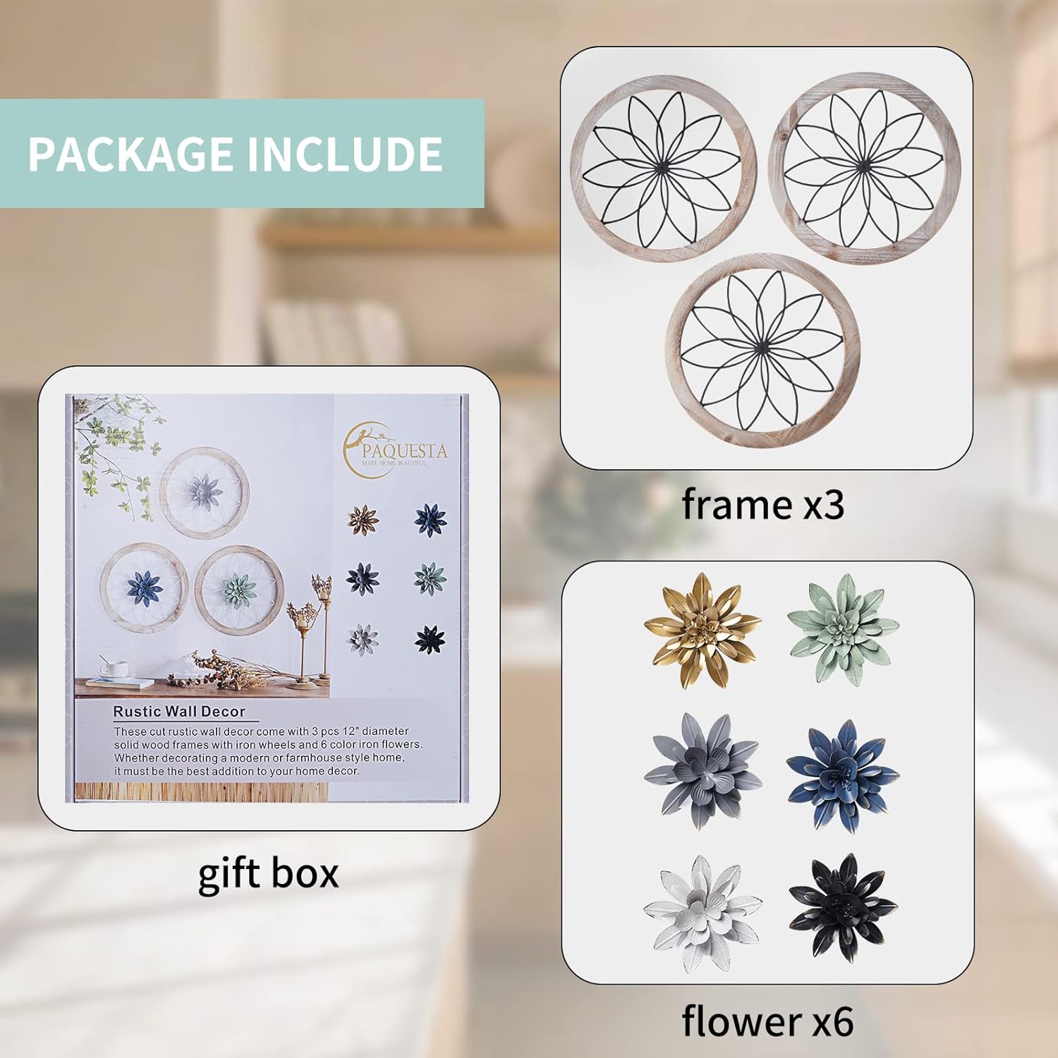 Paquesta 3 Piece Round Farmhouse Wall Decor with 6 Piece Interchangeable Flowers 12'' Medallion
