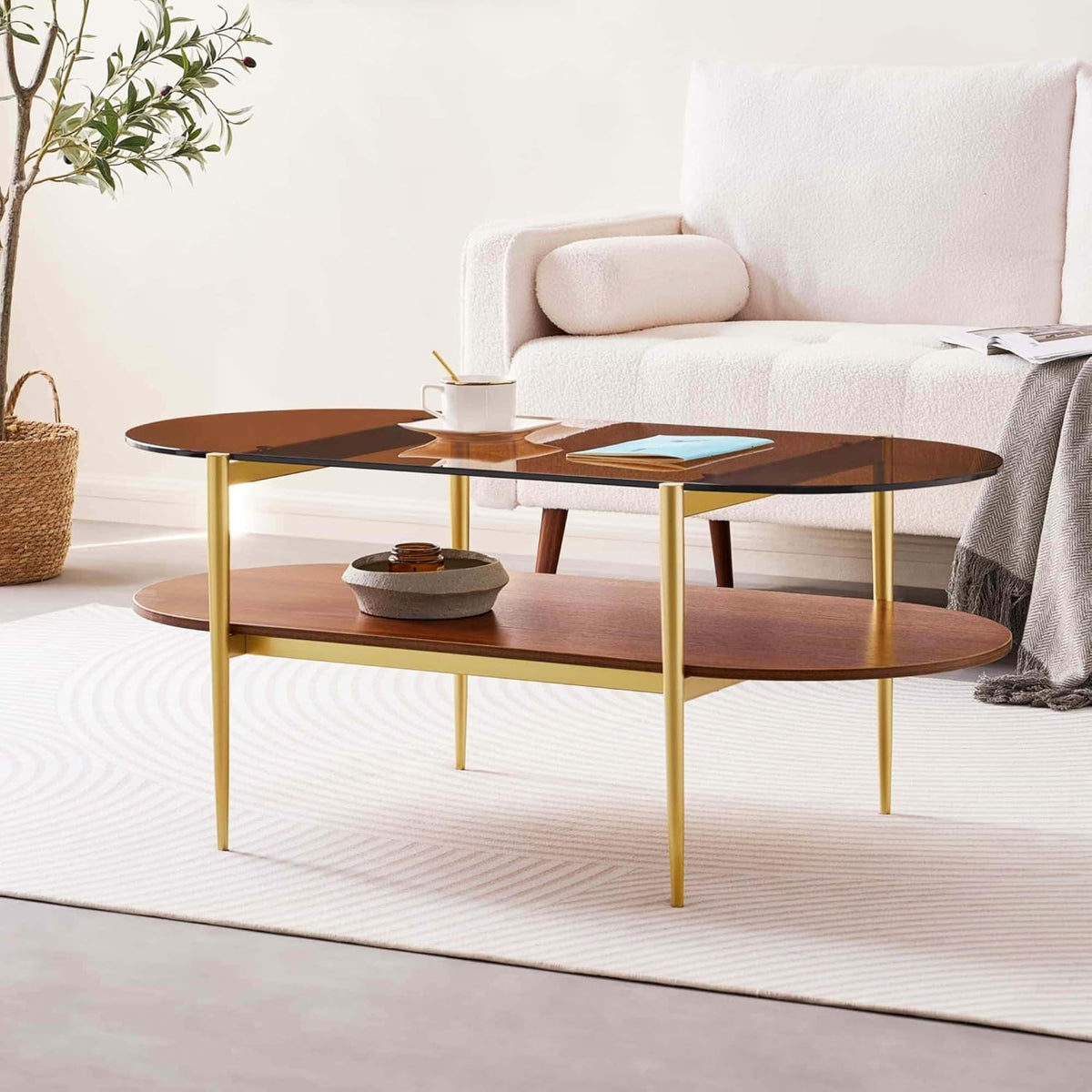 Oval Glass Coffee Table, Mid-Century Modern Design, L41 x W21 x H17 inch, for Living Room, 2-Tier