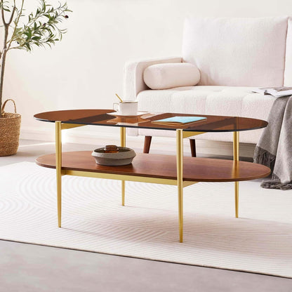 Oval Glass Coffee Table, Mid-Century Modern Design, L41 x W21 x H17 inch, for Living Room, 2-Tier