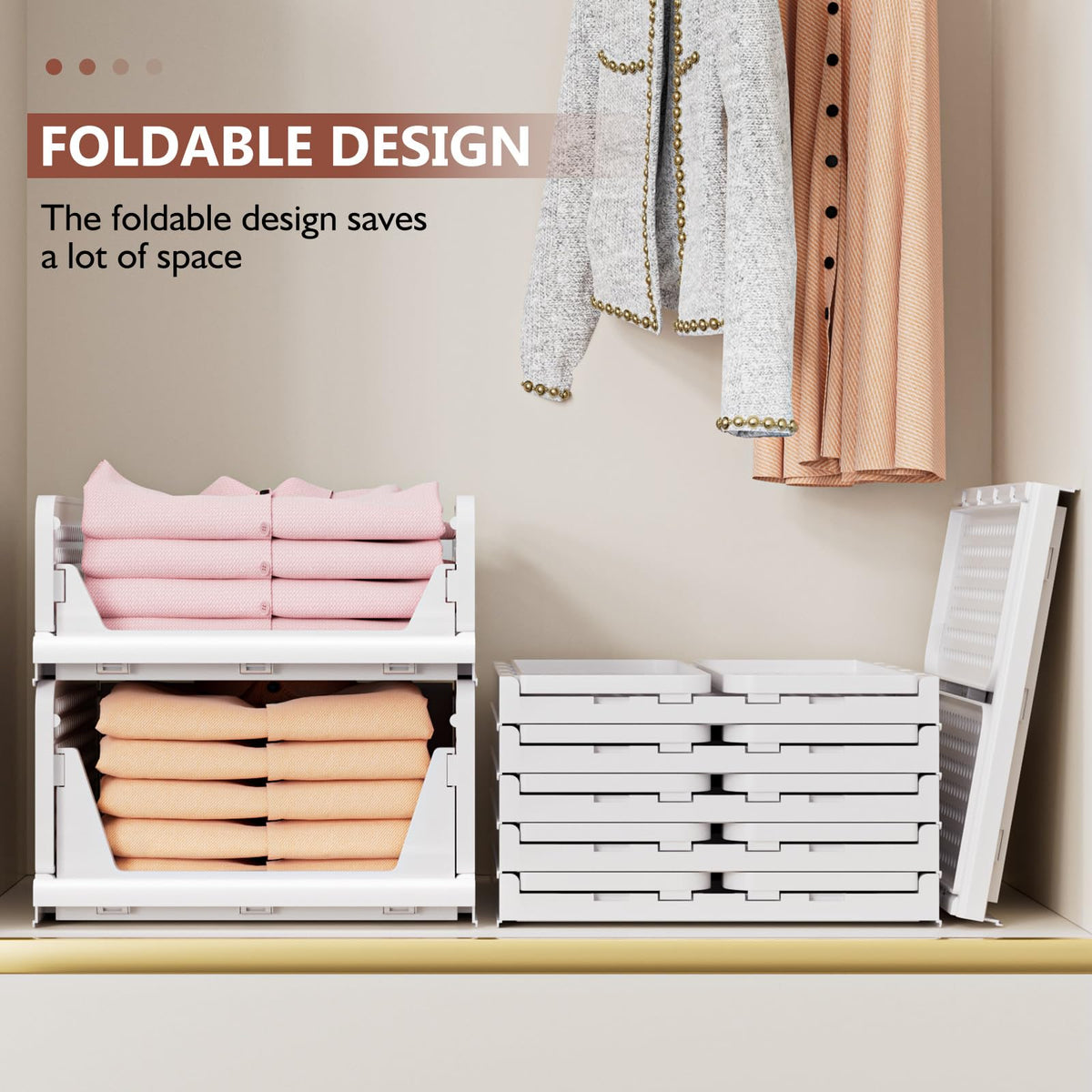 4 Pack Folding Closet Organizers Storage Box, Stackable Storage Bins, Plastic Drawer Basket Closet