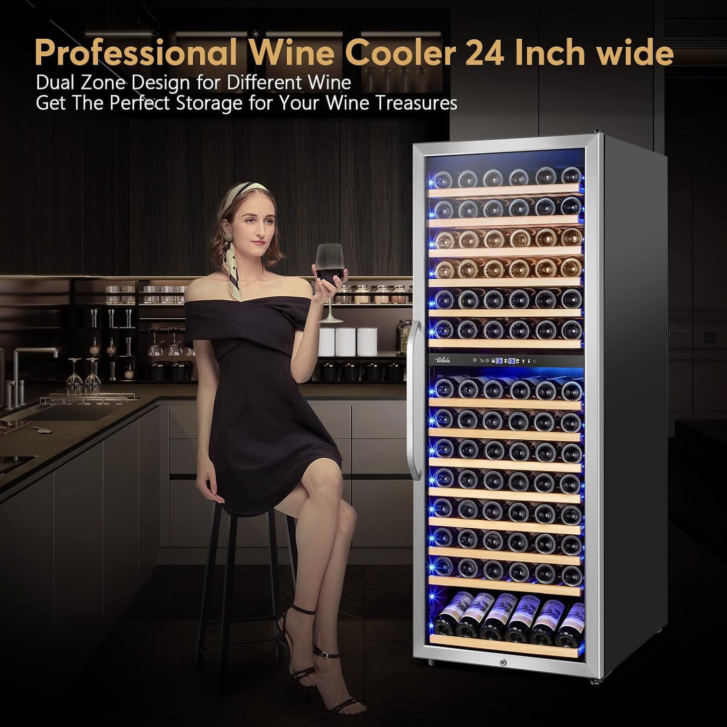 24 Inch Wine Cooler Fridge Dual Zone, Professional Large Capacity High Wine Refrigerator with