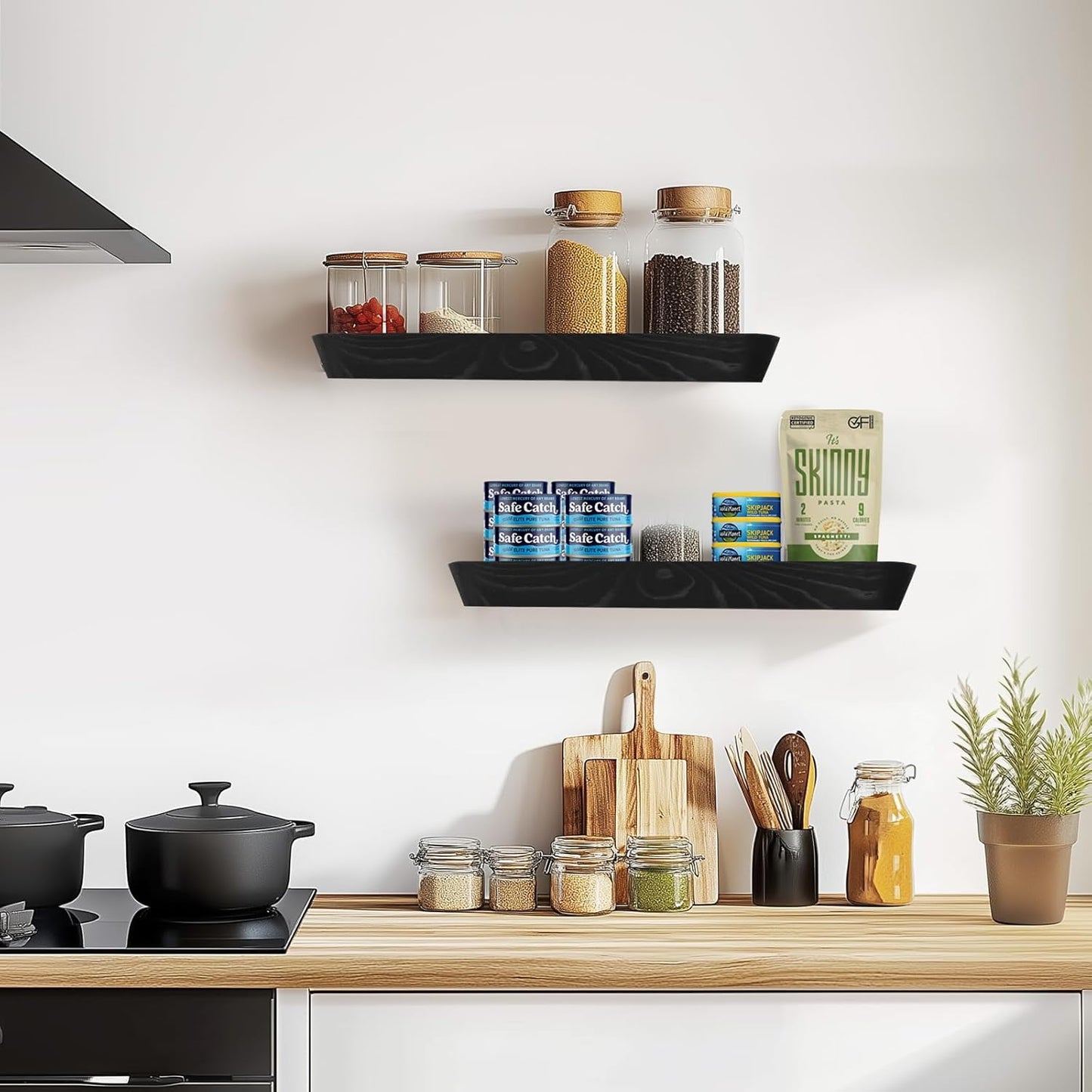 16"x6.8"x1.6" Slanted Floating Wall Shelves 2-Pack - Rustic Black Finish, Heavy-Duty Solid Wood