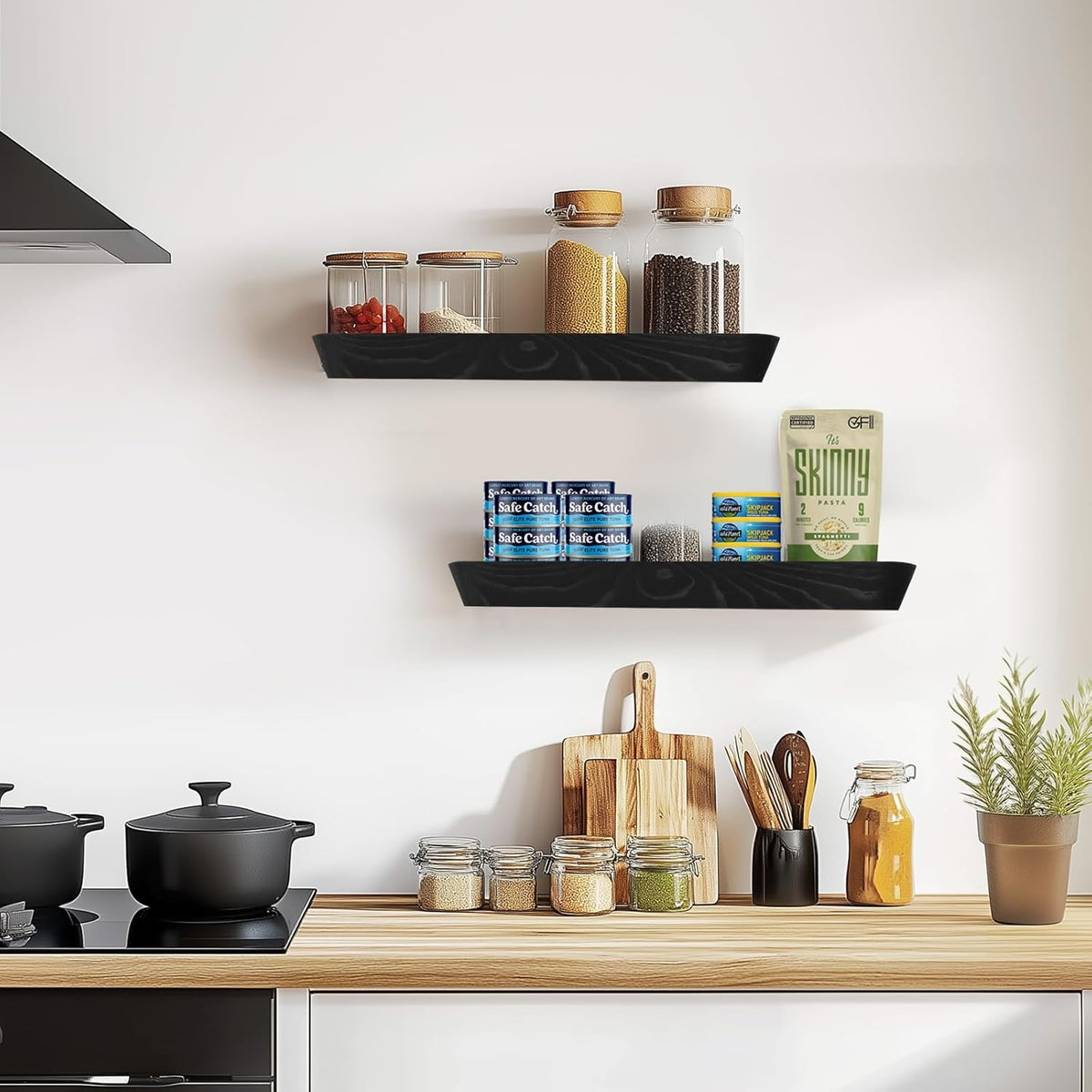 16"x6.8"x1.6" Slanted Floating Wall Shelves 2-Pack - Rustic Black Finish, Heavy-Duty Solid Wood