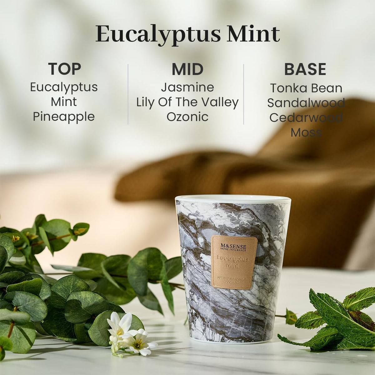 M&SENSE EucalyptusMint Scented Candles for Home, Lead-Free Wick Highly Scented Jar Candles, 14.1 Oz