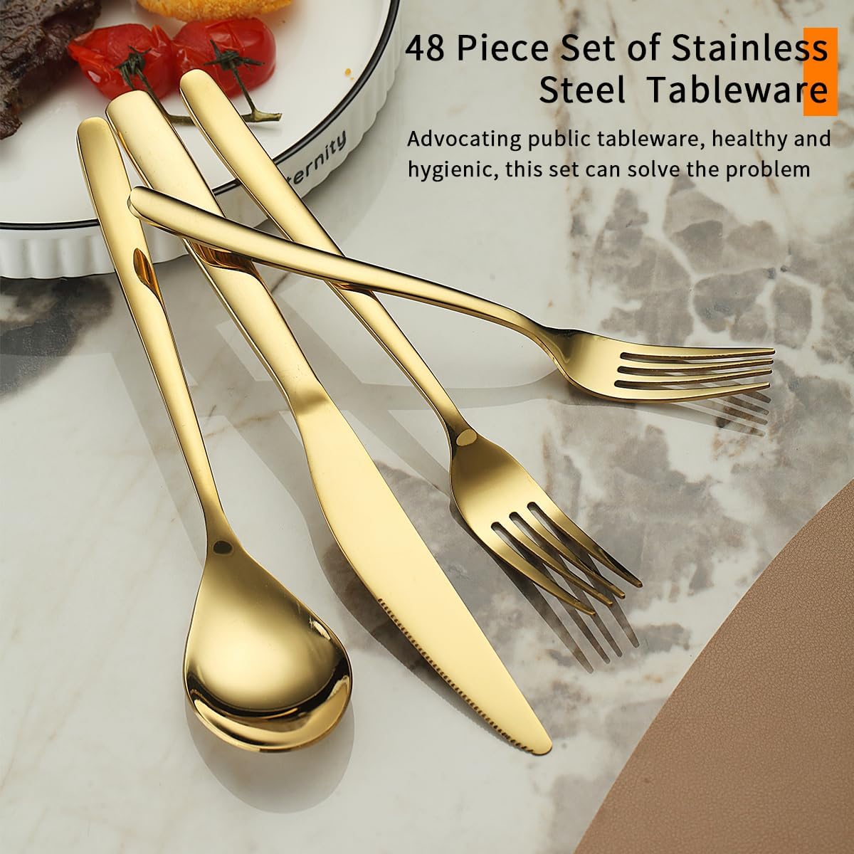 Berglander Gold Silverware Set 48pcs Service for 12, Golden Titanium Plating Stainless Steel
